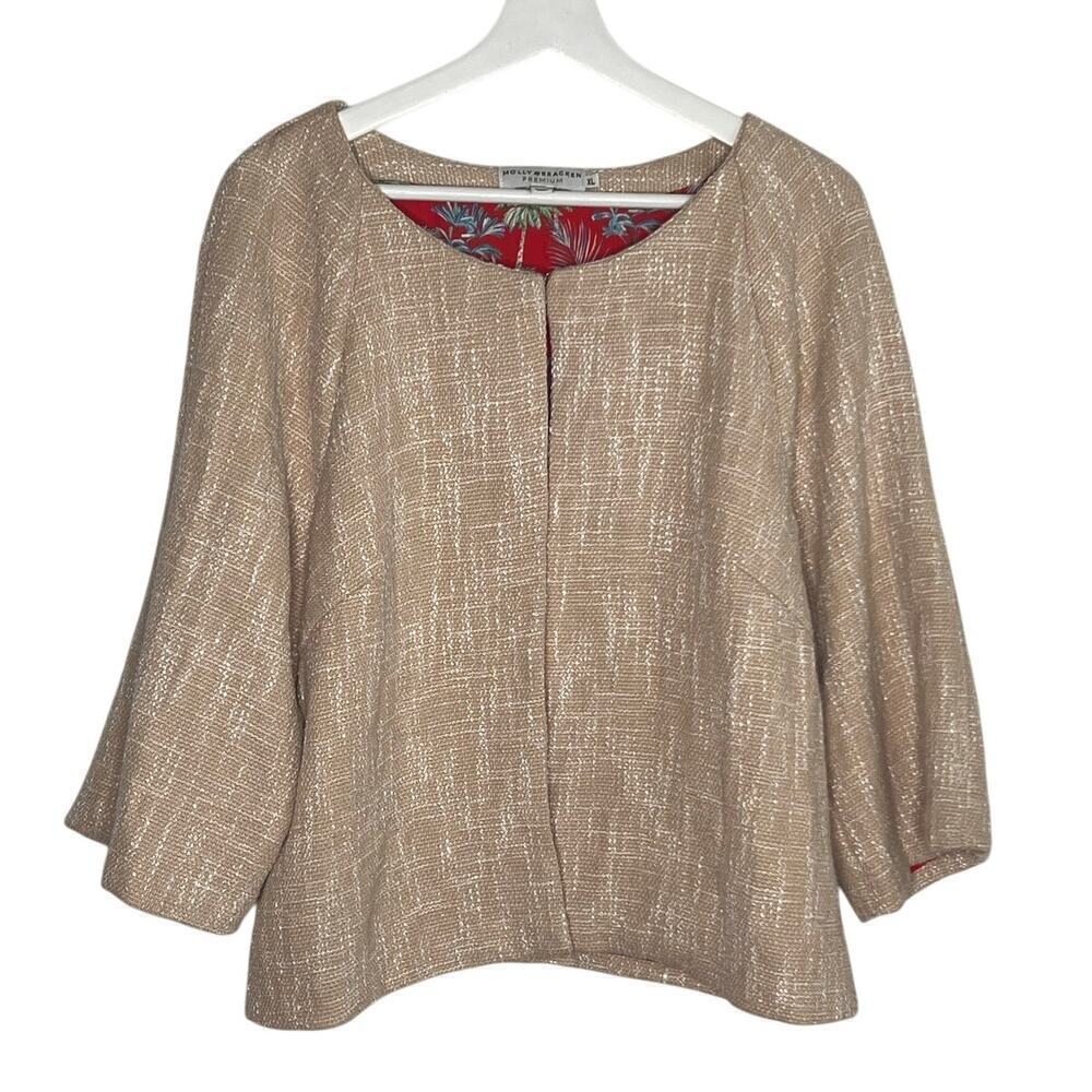 Molly Bracken Premium Round Neck 3/4 Sleeve Tweed Cardigan Beige Women's Size XL